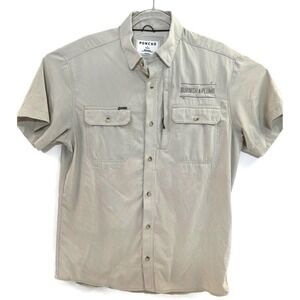 Poncho Shirt Mens Medium Tan Short Sleeve Magnetic Pockets Burnish Plumb